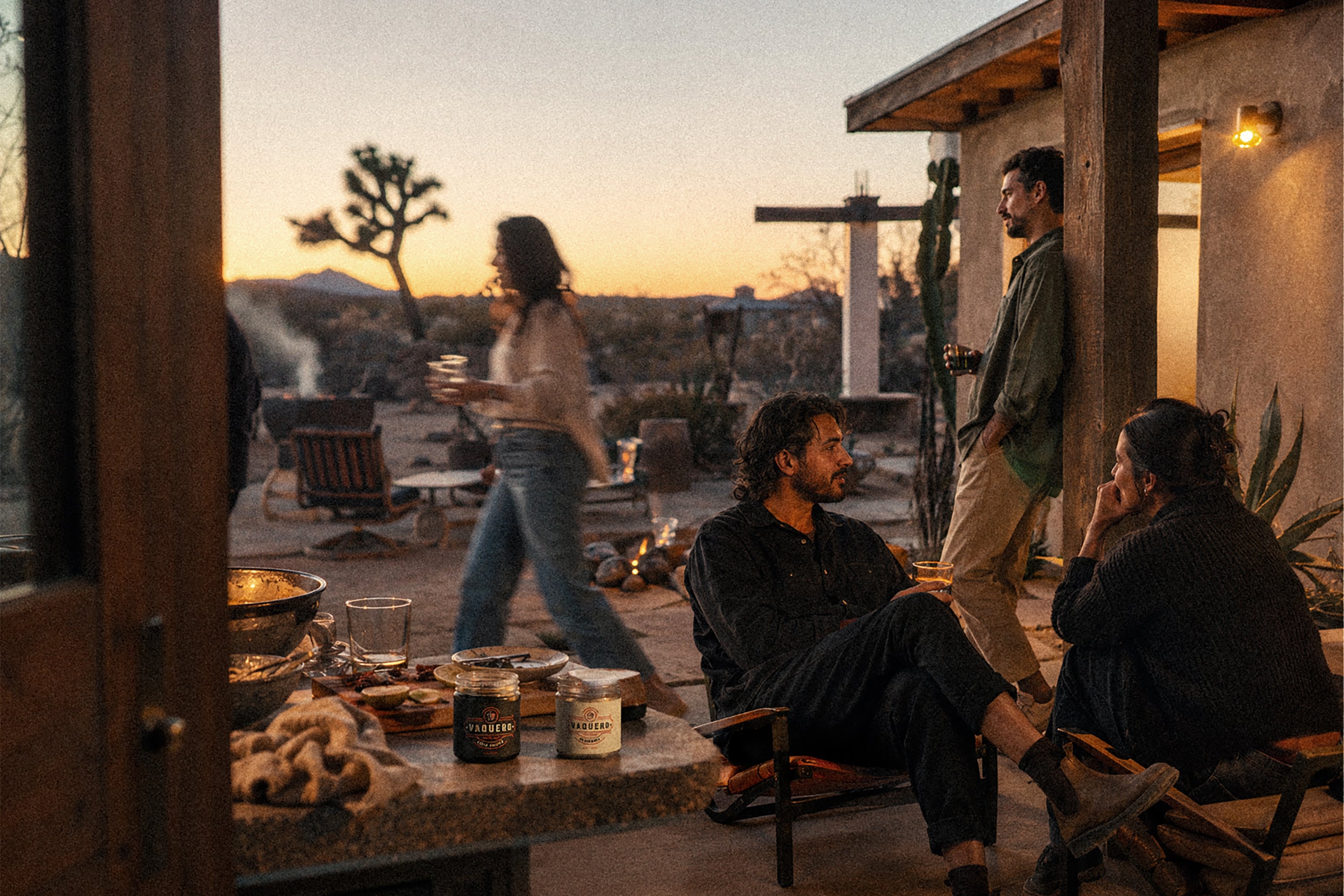 Friends gathering outside at dusk